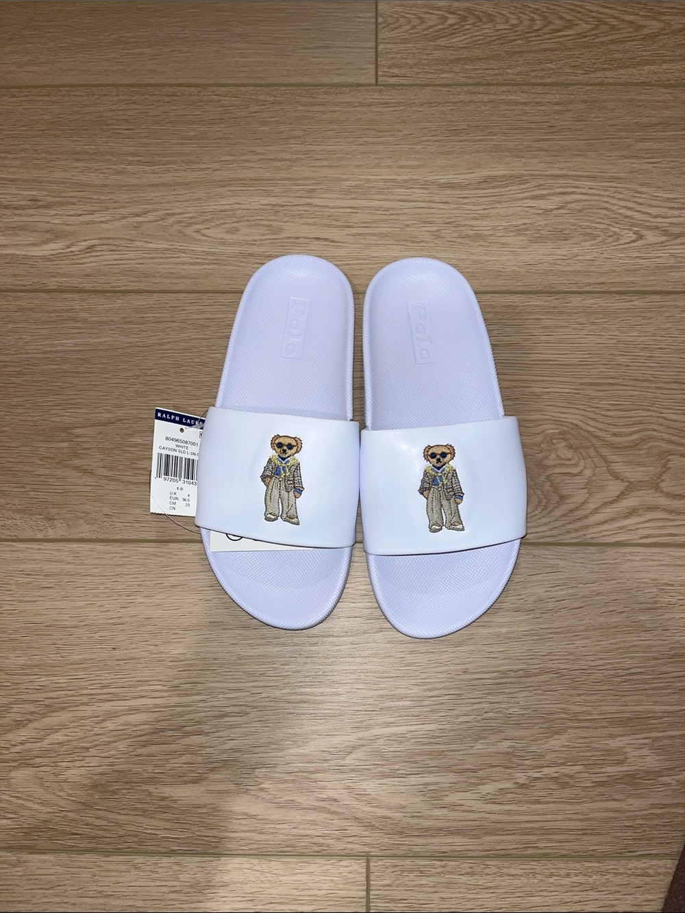 Ralph Lauren White Kids Polo Bear Slide Sandals with Embroidered Bear